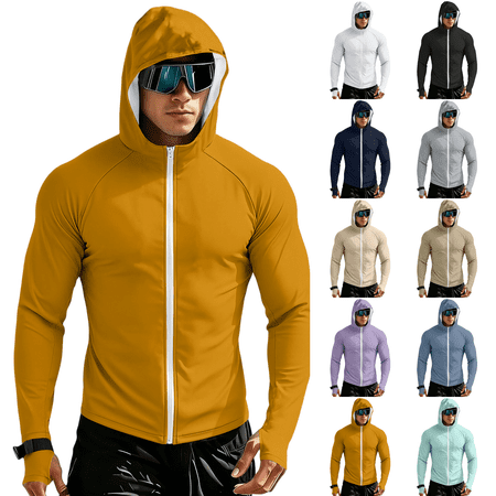 Men s UPF 50+ Sun Protection Outdoor Lightweight Full Zip Hoodie Jacket Long Sleeve Thumb Hole Fishing Hiking Performance Shirt Earthy Yellow XL