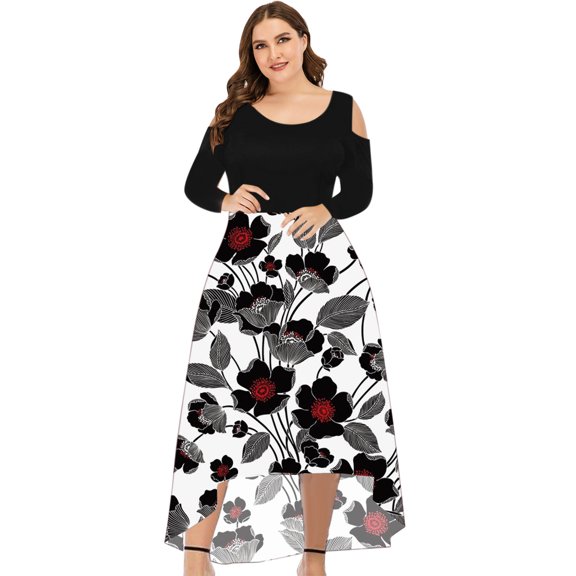 Fesfesfes Plus Size Women Gowns Sexy Round Neck Off Shoulder Floral Printed Strapless Gradient Splicing Long Sleeve Pullover Irregular Hem Party Dress