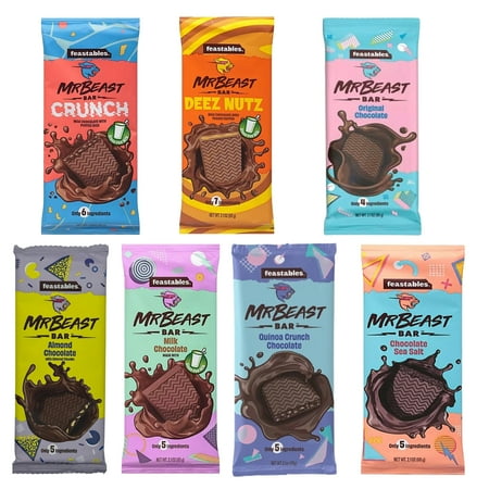 Mr Beast Variety Chocolate Bars, 7 Pack - 2.1oz Deez Nuts, Crunch Chocolate, Milk Chocolate, Original Chocolate, SeaSalt Chocolate, Almond & Quinoa Crunch Chocolate