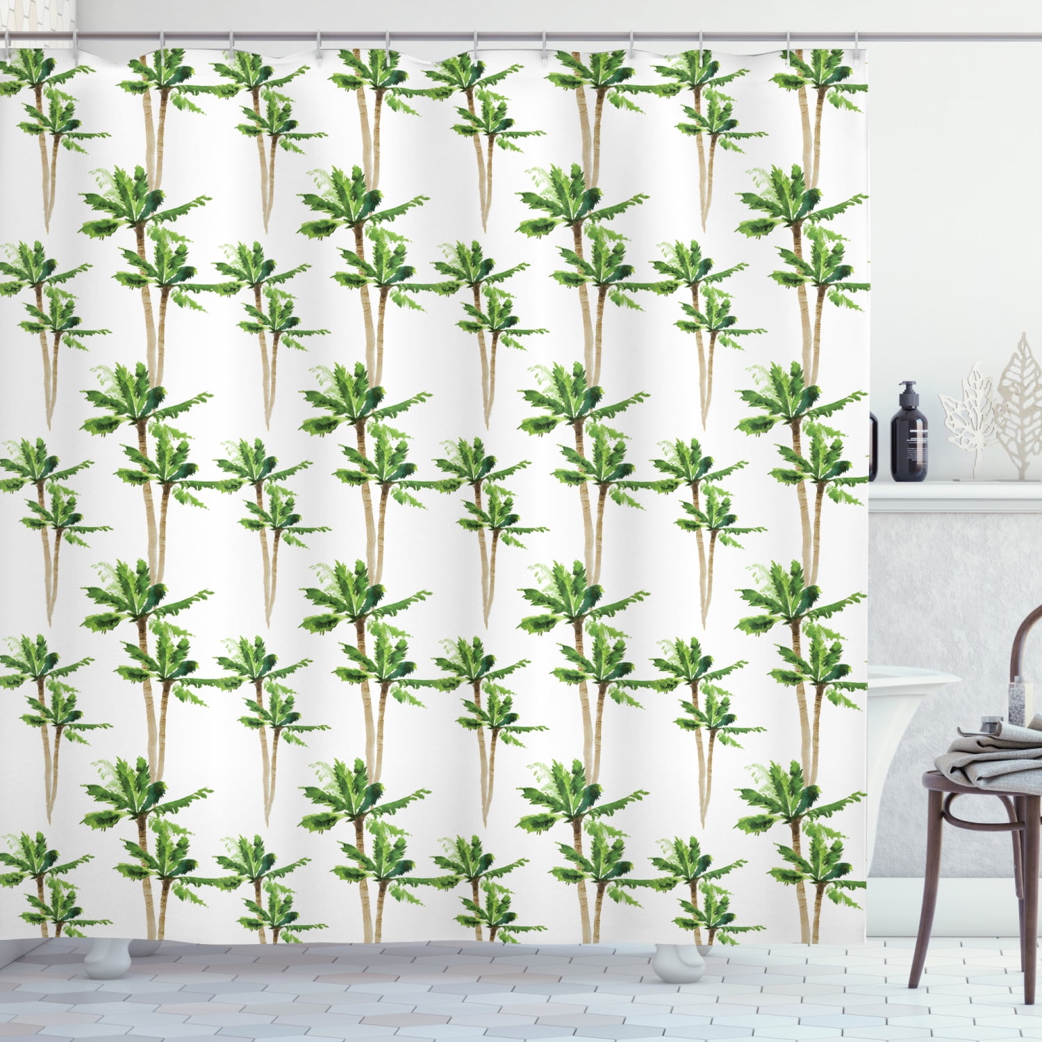 Palm Tree Shower Curtain, Watercolor Style Forest Pattern of Coconut