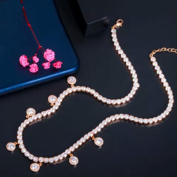 Silver Plated CZ Sweater Charm Round Tennis Chorker Necklace Costume Jewellery