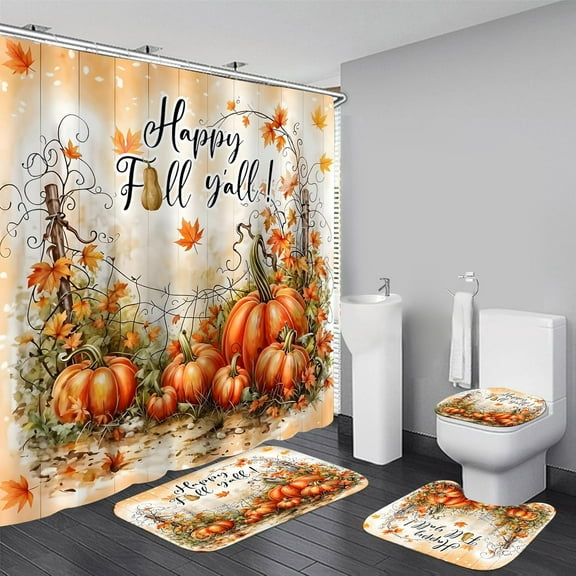 Thanksgiving Shower Curtain Set, Pumpkin-Themed Bathroom Decor, Orange Holiday-Themed Bathroom Accessory Set with 12 Hooks