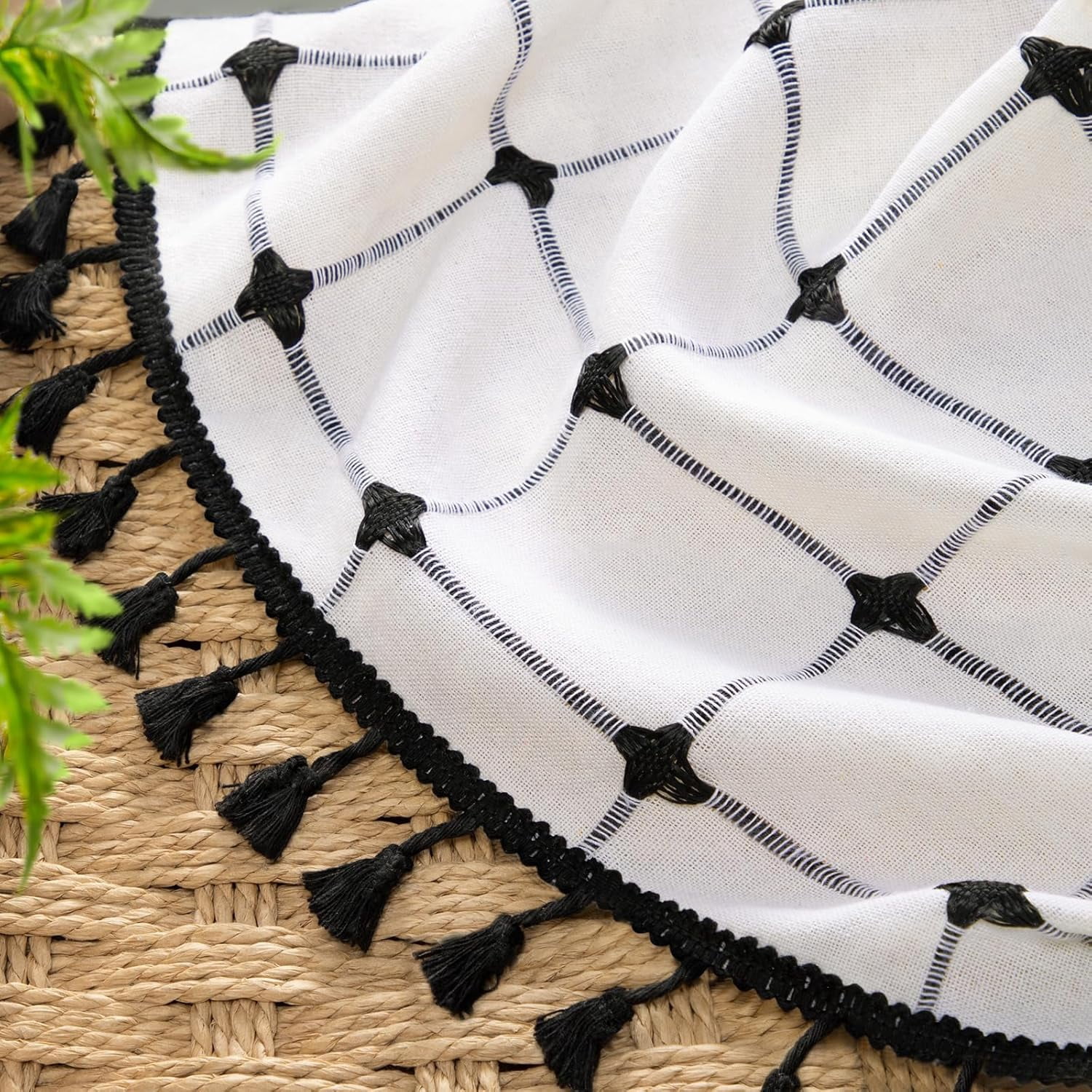 Black and White Farmhouse Shower Curtain Cotton Texture with Embroidered Plaid Pattern and Tassels for Bathroom,72" W×72" L