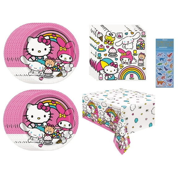 Hello Kitty Birthday Party Supplies Bundle includes 16 Lunch Paper Plates 9", 16 Lunch Paper Napkins 2-Ply 6.5", 1 Plastic Table Cover 54" x 84", 1 Dinosaur Sticker Sheet