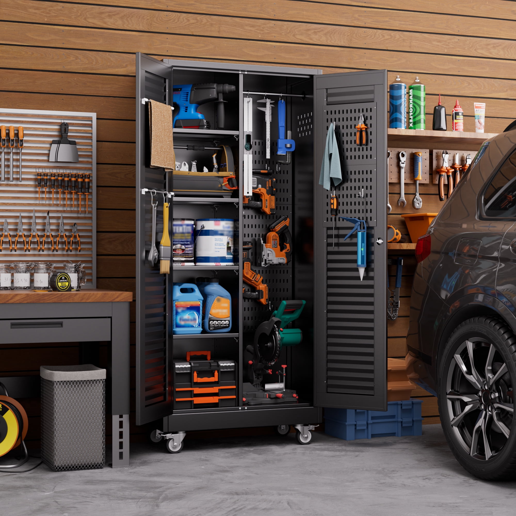 HUAXRON Mop and Broom Closet Storage Cabinet with Wheels and