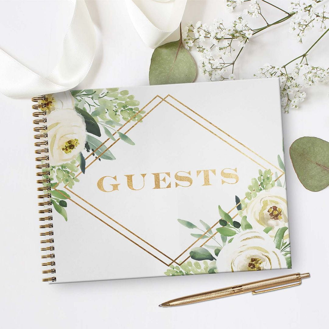 White Floral Wedding Hardcover Guestbook / 120 Lined Guest Signature Pages Inside / 11" x 8.5" Landscape Lay Flat Wedding Guest Book / Gold Metal Spiral Binding