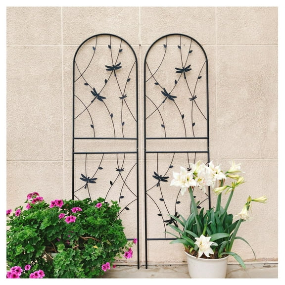 2 Pack Metal Garden Trellis 71" x 19.7" Rustproof Trellis for Climbing Plants Outdoor Flower Support Dragonfly Deco Black
