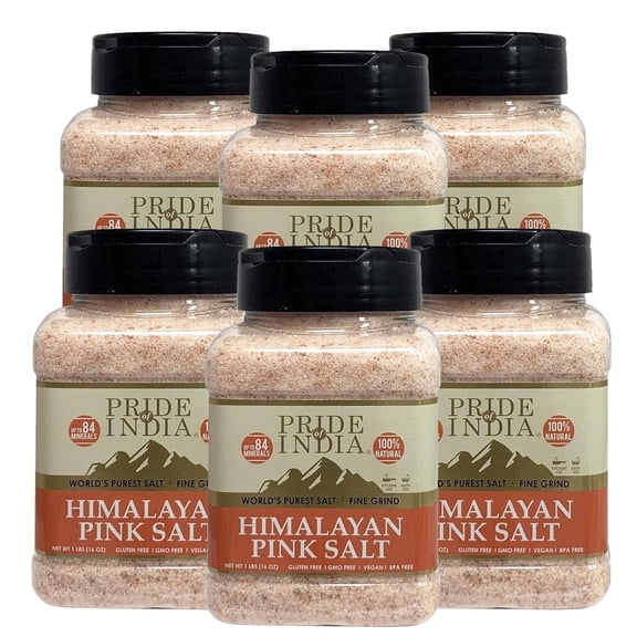 Pride Of India - PACK of 6 - Dark Himalayan Pink Salt, Fine Grind 1 lb Dual Sifting Jar, Mineral-Rich Natural Rock Salt, Ideal for Cooking & Bath Use