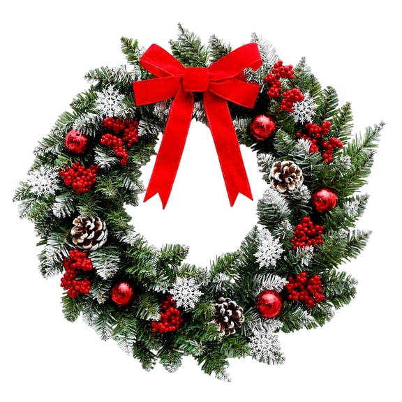 16" Christmas Berry Wreath, Christmas Wreath for Front Door Winter Hanging Front Door Window Wreath With Pinecones Bell Berries Bowknot Xmas Tree Garland Holiday Wall Fireplace Decorations, Green