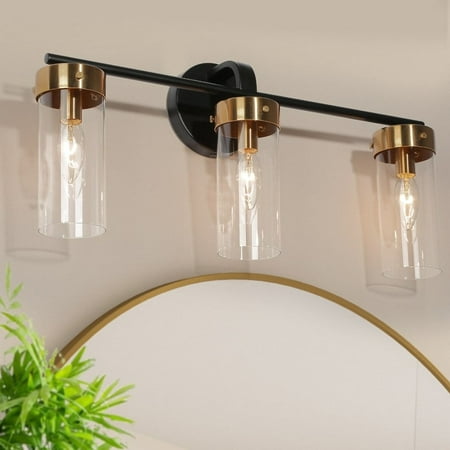 

Modern Gold 3-Light Bathroom Vanity Lights Cylindrical Glass Wall Sconce Lighting 21.5 L-Clear