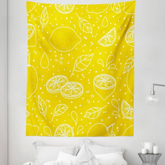 Yellow and White Tapestry, Fresh Pattern Juicy Lemons Organic Citrus Ripe Fruit Vegetarian, Fabric Wall Hanging Decor for Bedroom Living Room Dorm, 5 Sizes, Yellow White, by Ambesonne