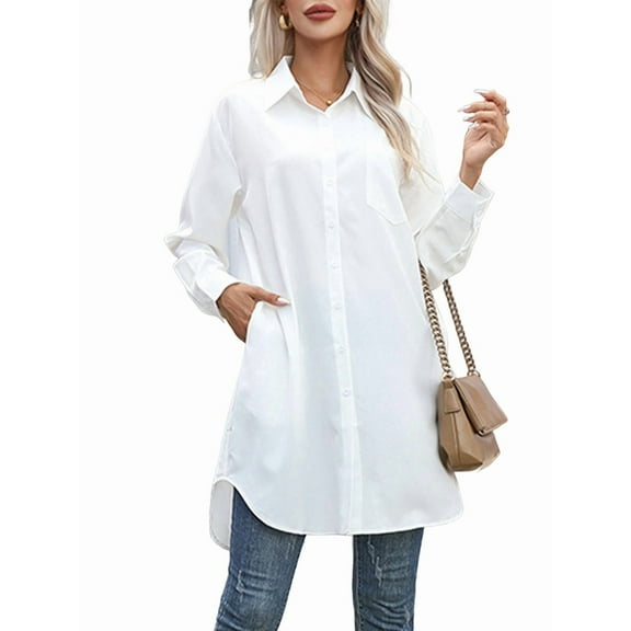 Women'S Casual Shirt Dress Collar V Neck Button Down Loose Long Sleeve Mini Dresses White L