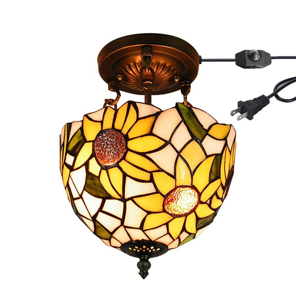 Kiven 7.9in Flush Mount Ceiling Light Fixture Dimmable, 2-Light Anti Glare Close to Ceiling Light with 15FT Plug-in Cord, Tiffany-Style Glass Chandelier for Bedroom Kitchen Foyer(No.3230)