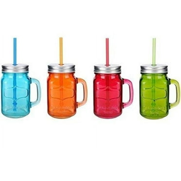 Glass Mason Jar 4 Pc Set 15.5 Oz w/Straw With Handles Assorted Colored Steel Lid