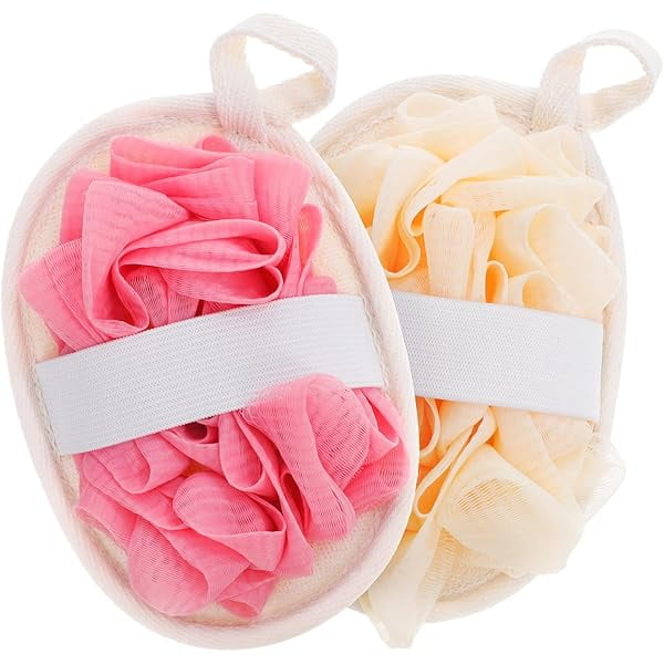 wonima11 2Pcs Loofah Sponge Dual Sided Exfoliating Shower Scrubber, Luffa Sponge Pads for Women Men Clean Care (Beige & Pink)