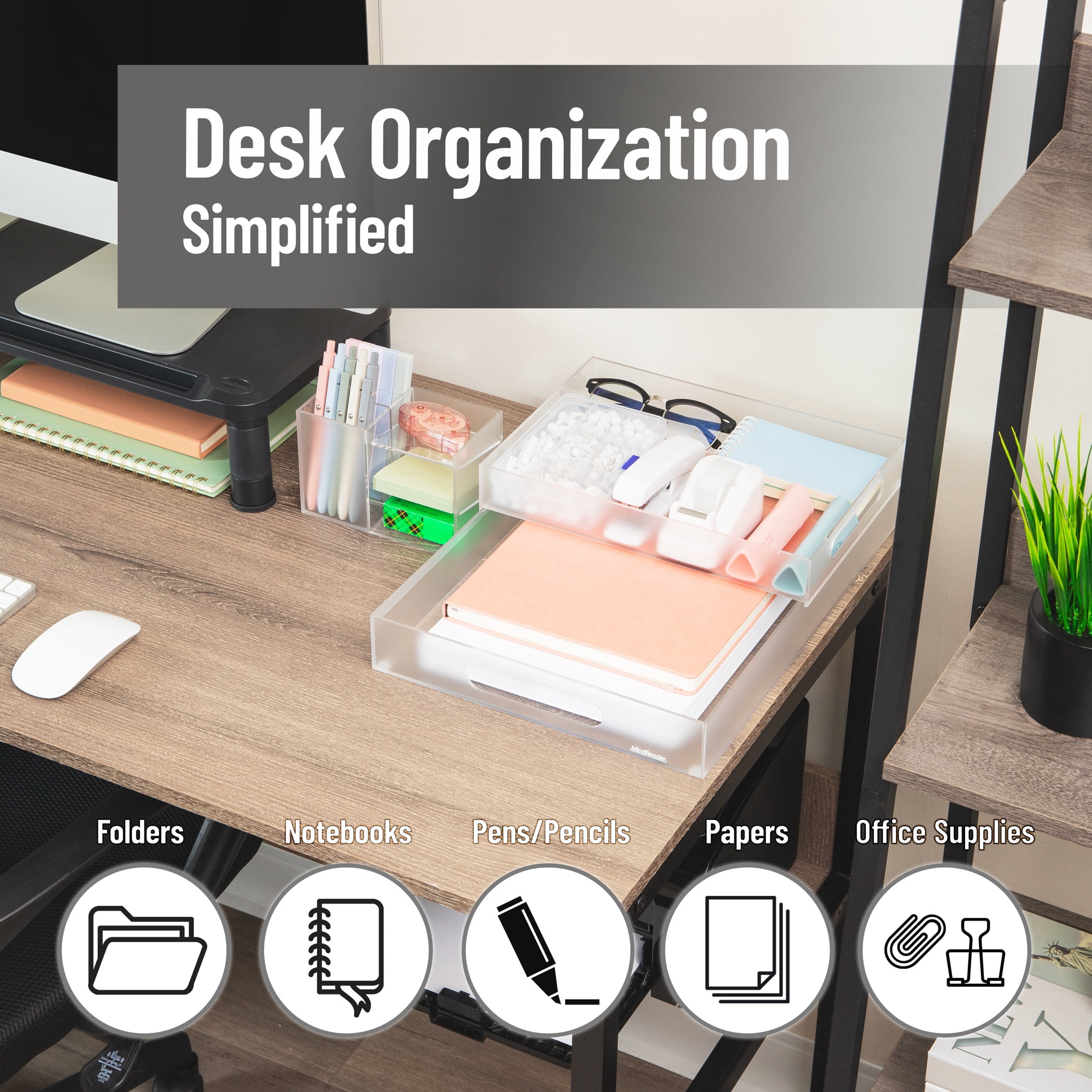 Mind Reader 3-Piece Acrylic Desktop Organizer Set, Frosted Clear Paper Tray, Accessory Tray, Pen and Supply Organizer