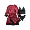 thumbnail image 2 of Faithtur 4 Pièces Pyjama Set V Cou Cami Tops Dentelle Garniture Shorts Robe Ceinturée Dentelle String Ensembles de Vêtements de Nuit, 2 of 9