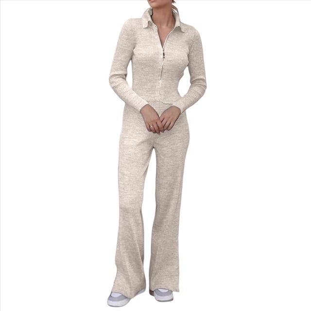 Conjunto de Dos Piezas para Mujer, Pantalón Deportivo de Pierna , Media Cremallera, Larga y Cuello en V. Caqui S