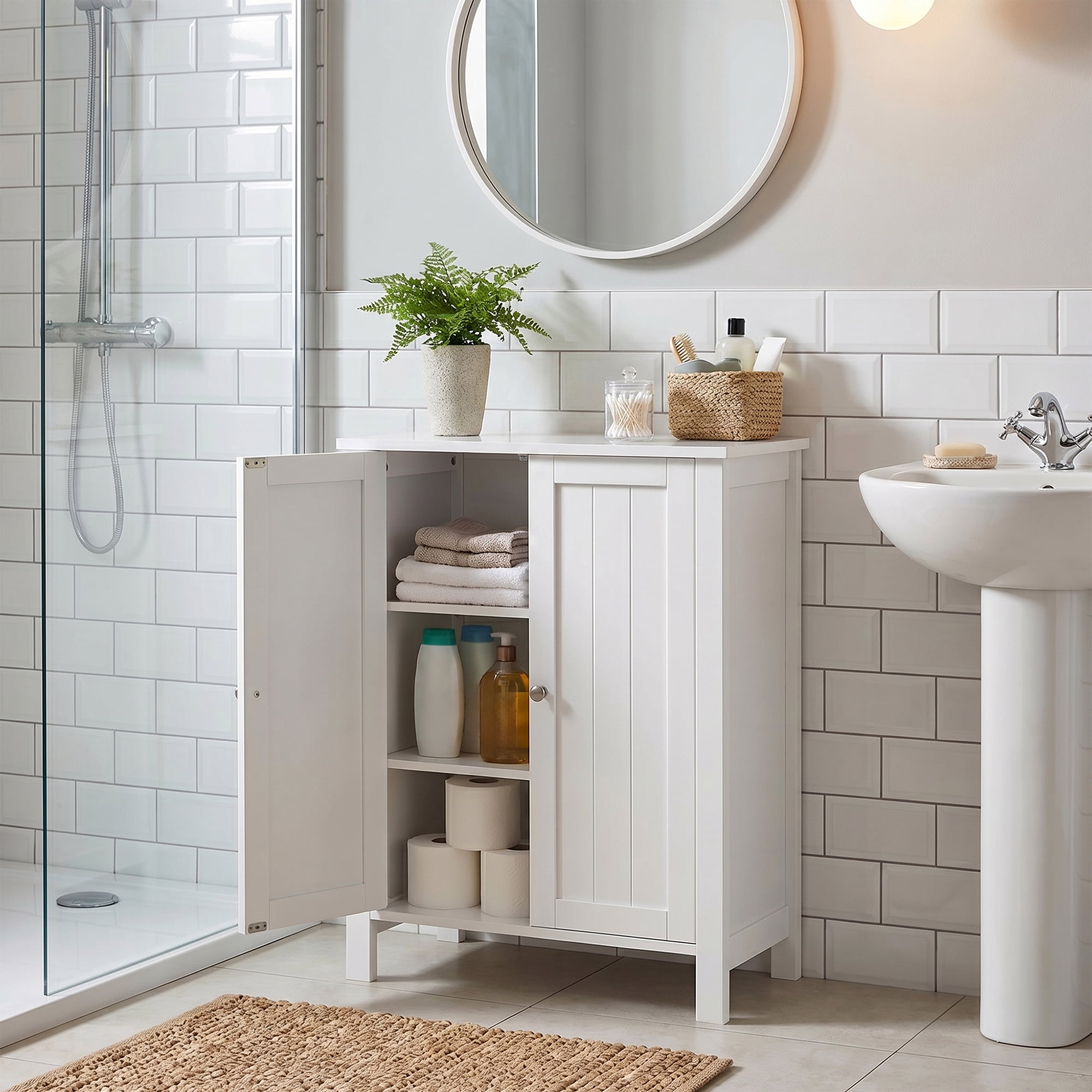 LEDREM Bathroom Cabinets Freestanding, Bathroom Storage Floor Cabinet with Doors and Adjustable Shelves, White