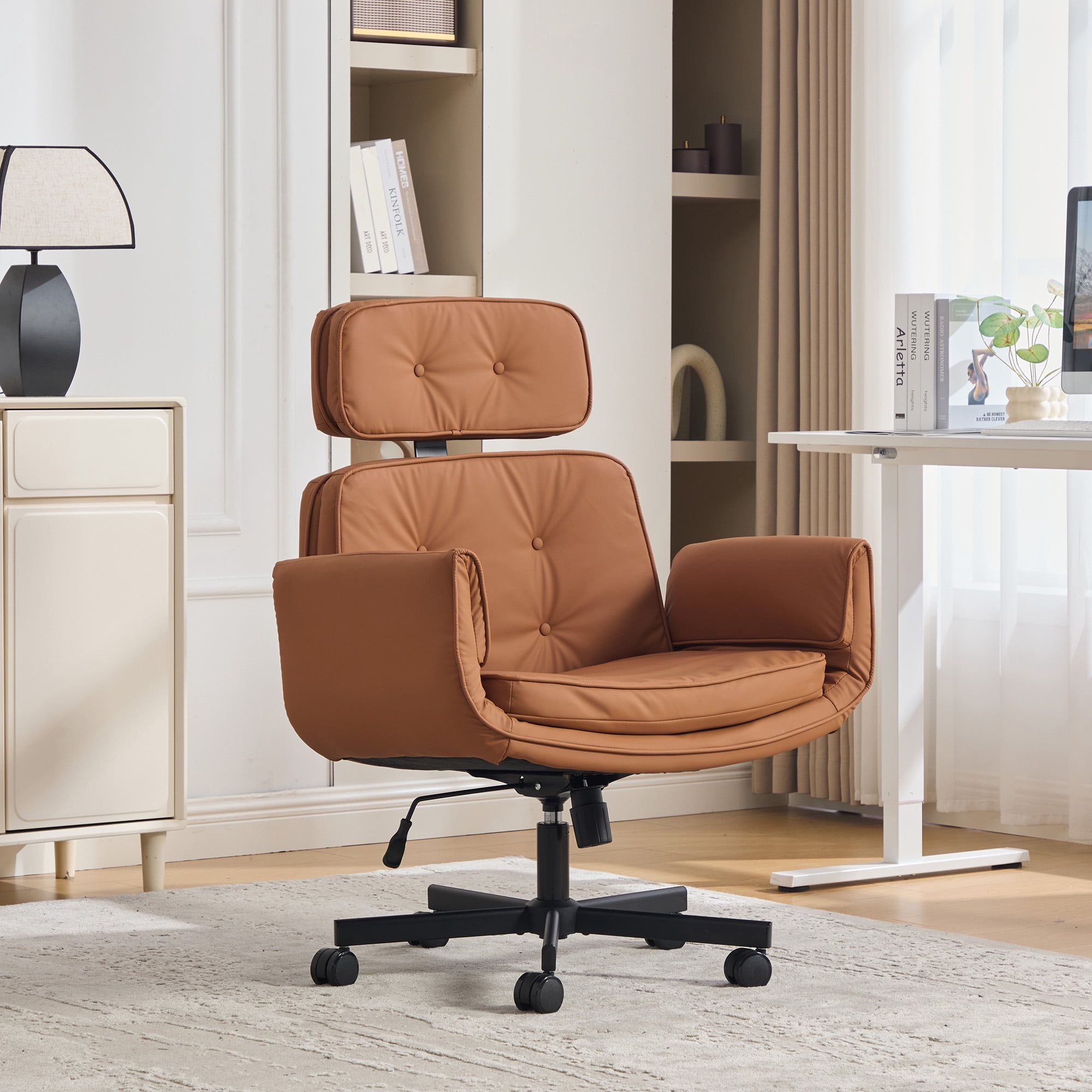 Peispie Criss Cross Office Chair with Adjustable Arms, Leather Cross Legged Desk Chair with Headrest, Wide Seat High Back Swivel Computer Office Chair for Home Office, Brown