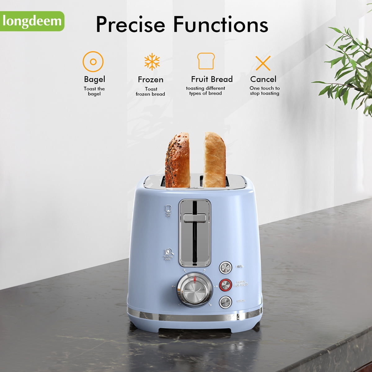 LONGDEEM 2 Slice Toaster - 6 Settings, Extra Wide Slots, High Lift, Auto Shutoff - Blue