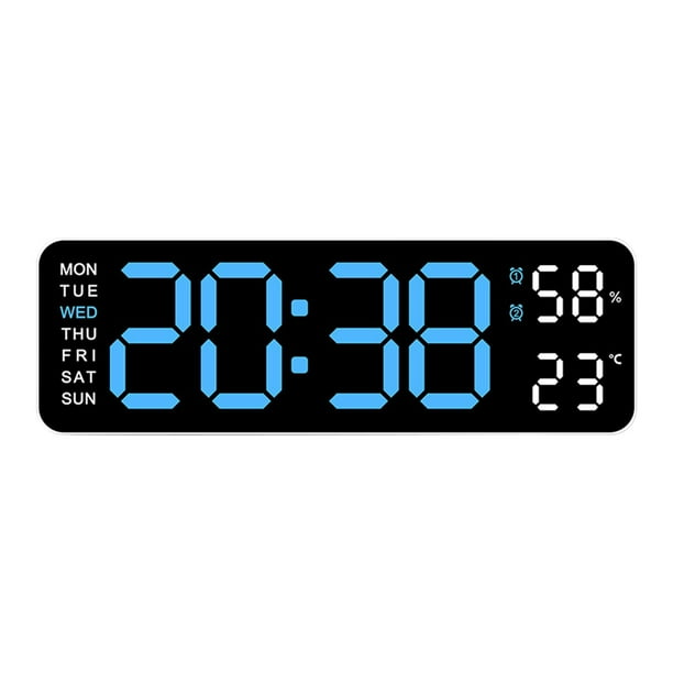 Reloj de pared LED, reloj de escritorio colgante con temperatura, pantalla grande, decoración de pared semanal azul claro blanco