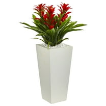 Nearly Natural 26" Triple Red Bromeliad Plastic Artificial Plant in White Tower Planter
