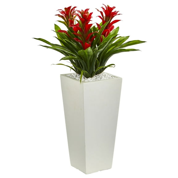 Nearly Natural 26" Triple Red Bromeliad Plastic Artificial Plant in White Tower Planter