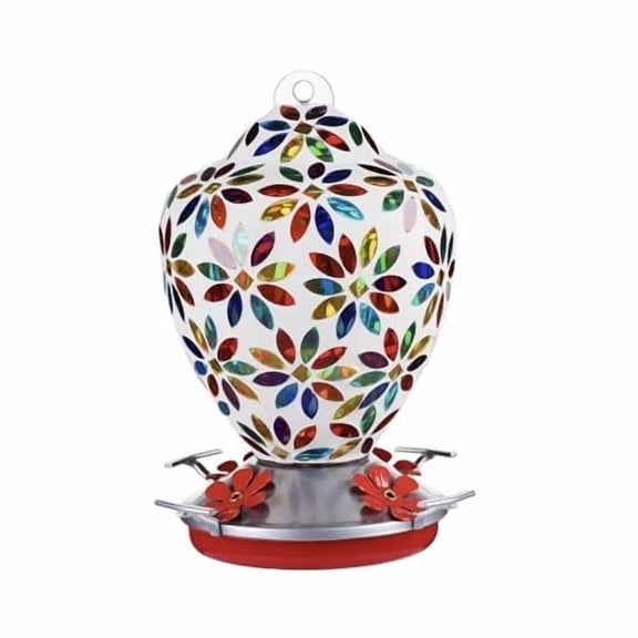 VOREEN Glass Mosaic Hummingbird Feeders, 35OZ with Ant Moat & 4 Feeding Ports, Hand Blown Glass Outdoor Hanging Porch Garden Backyard Decor, Flowers Design