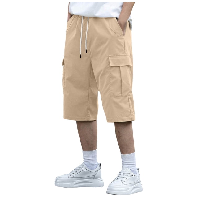 Mgmyaa Men's Cargo Shorts Drawstring Elastic Waist Solid Plus Size Over the knee Shorts Loose Casual Pants