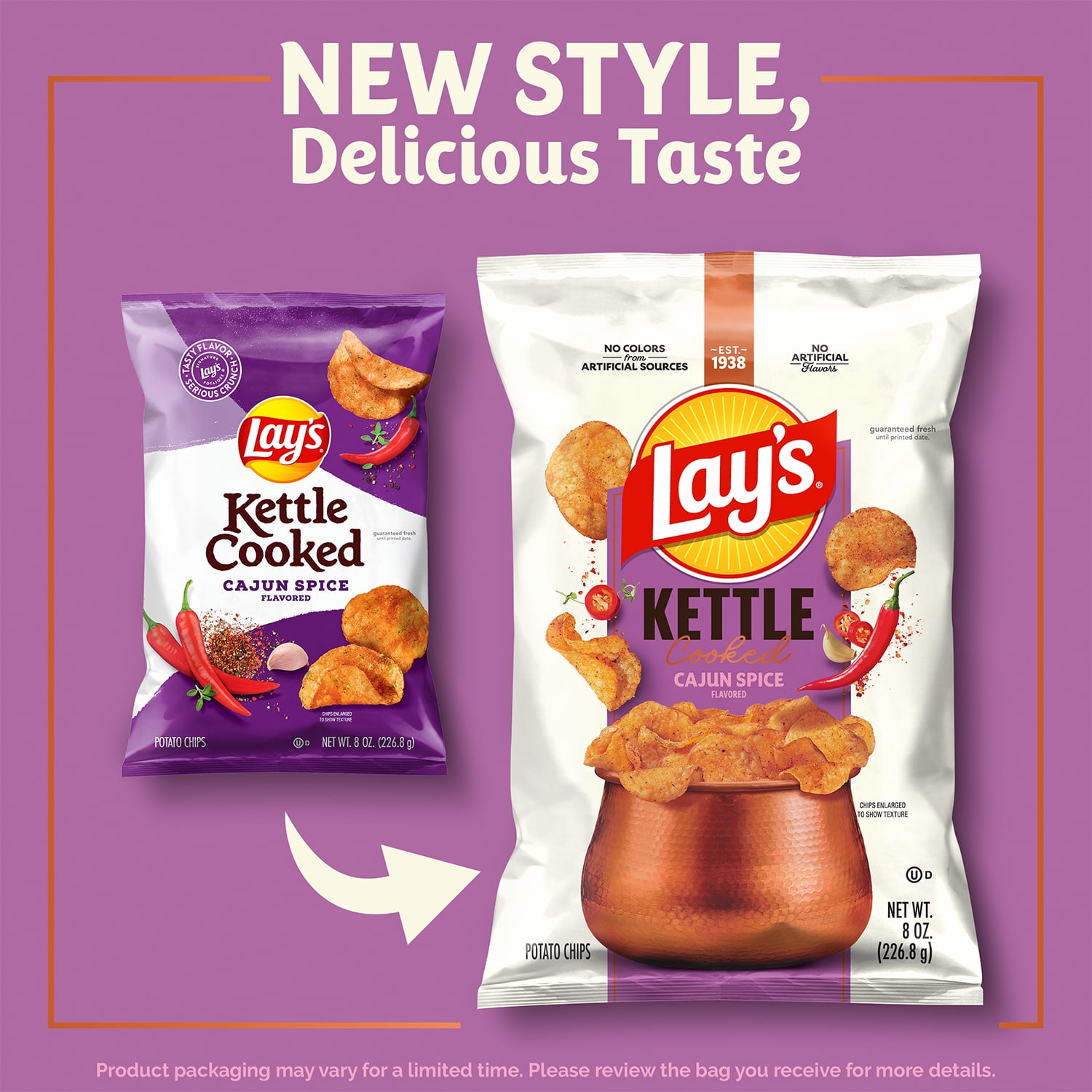 (3 pack) Lay’s Cajun Spice Kettle Cooked Potato Chips Bag, 8 oz