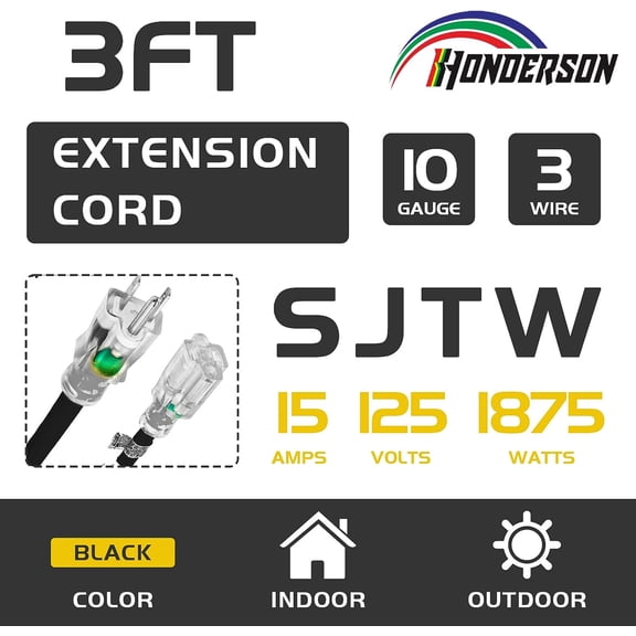 OTGFRF-Extension Cord Weatherproof with Lighted End, UL Listed, 10 Gauge 3FT Black 3 Prong Heavy Duty, 10/3 SJTW 15A Power Cord for Lights, Lawn