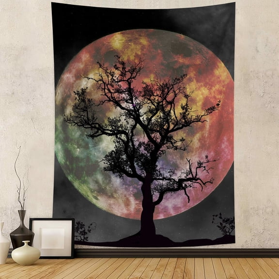 Moonlit Tree Tapestry Vertical,Moon Starry Night Aesthetic Tapestries,Space Galaxy Stars Tapestry Wall Hanging for Bedroom Living Room Dorm,50Wx60H