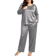 thumbnail image 2 of vdgthytj Plus Size Loungewear Sets for Women Satin Long Sleeve Crewneck Tops Straight Leg Pants Fall Sleepwear 2 Piece Outfits(X-Large,Gray), 2 of 9