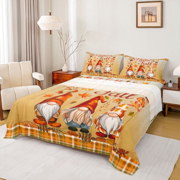 Hello Fall Comforter Set Thanksgiving Day Gifts Sheet Set for Girls Women Autumn Harvest Fitted Sheet Farm Maple Leaf Pumpkin Fall Season Flat Sheet Happy Fall Y'All Themed Sheets King Size
