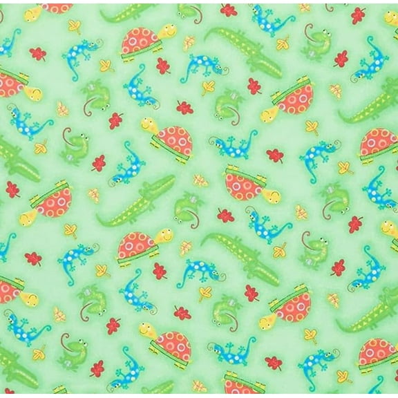 Frogs, Alligators, Turtles, and Lizards on Green Comfy Flannel Fabric