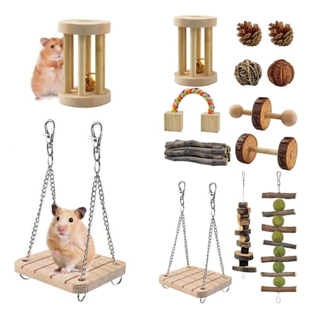 12x Hamster Chew Toys, Natural Wooden Rats Chinchillas Toys Dumbells Exercise Bell Molar Toy Bunny Rabbits Gerbils