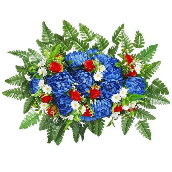 HEXBOOYOO Clearance Artificial Cemetery Flowers Saddles Outdoor Grave Decoration, Realistic Vibrant Fake Mums with Silk Red Rose Floral Arrangement Saddle for Headstone Grave Decor