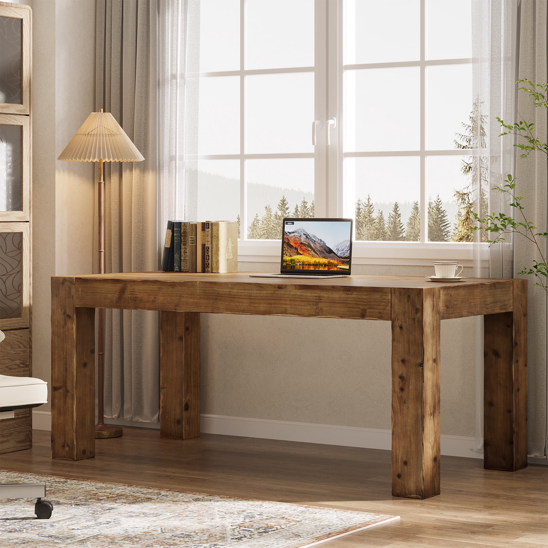 Finmind 63-inch Solid Wood Executive Desk, Farmhouse Wooden Home Office Computer Desk, Large Writing Study Table for Home Office, Rustic Brown