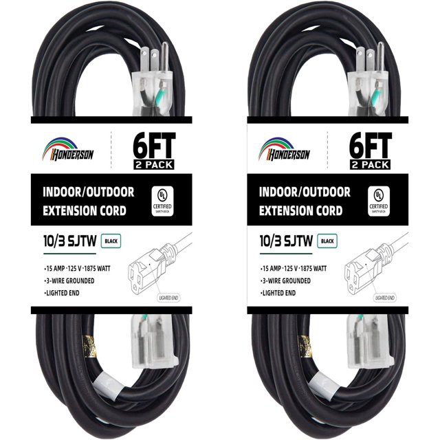 shiyou-2 Pack Rallonge Intérieure Extérieure Résistante aux Intempéries avec Extrémité Lumineuse, Certifiée UL, 10 Gauge 6 Pieds Noir 3 Broches Rallonge Robuste, 10/3 SJTW 15A pour Lumières Extérieures