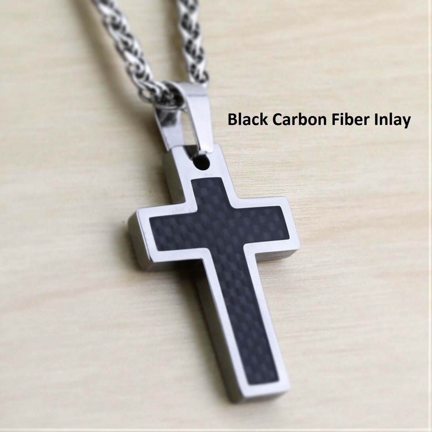 MJ Metals Jewelry Tungsten Carbide Black Carbon Fiber Inlay Cross Pendant 18 to 26 Wheat Chain
