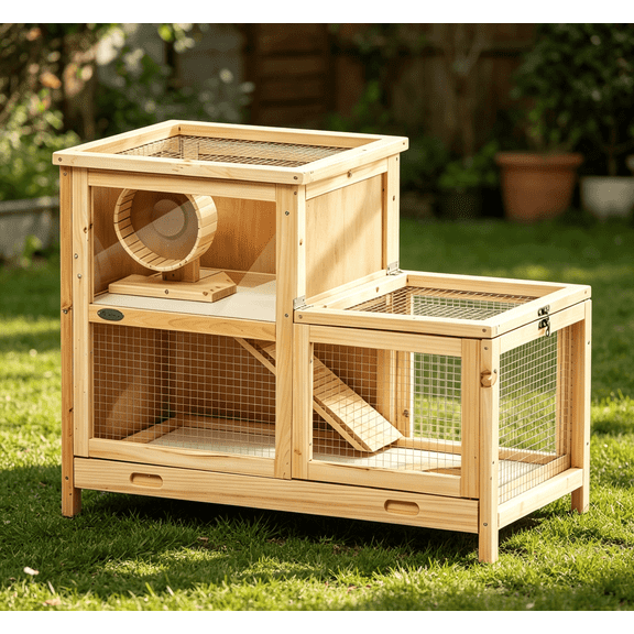 Natural Wood 3-Level Hamster and Gerbil Home with Removable Base, Interactive Toys, and Clear Viewing Panels for Indoor Pet Habitat