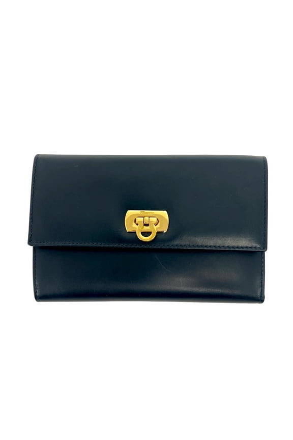 Pre-Owned Salvatore Ferragamo Gancini hardware leather trifold wallet, navy, 26883