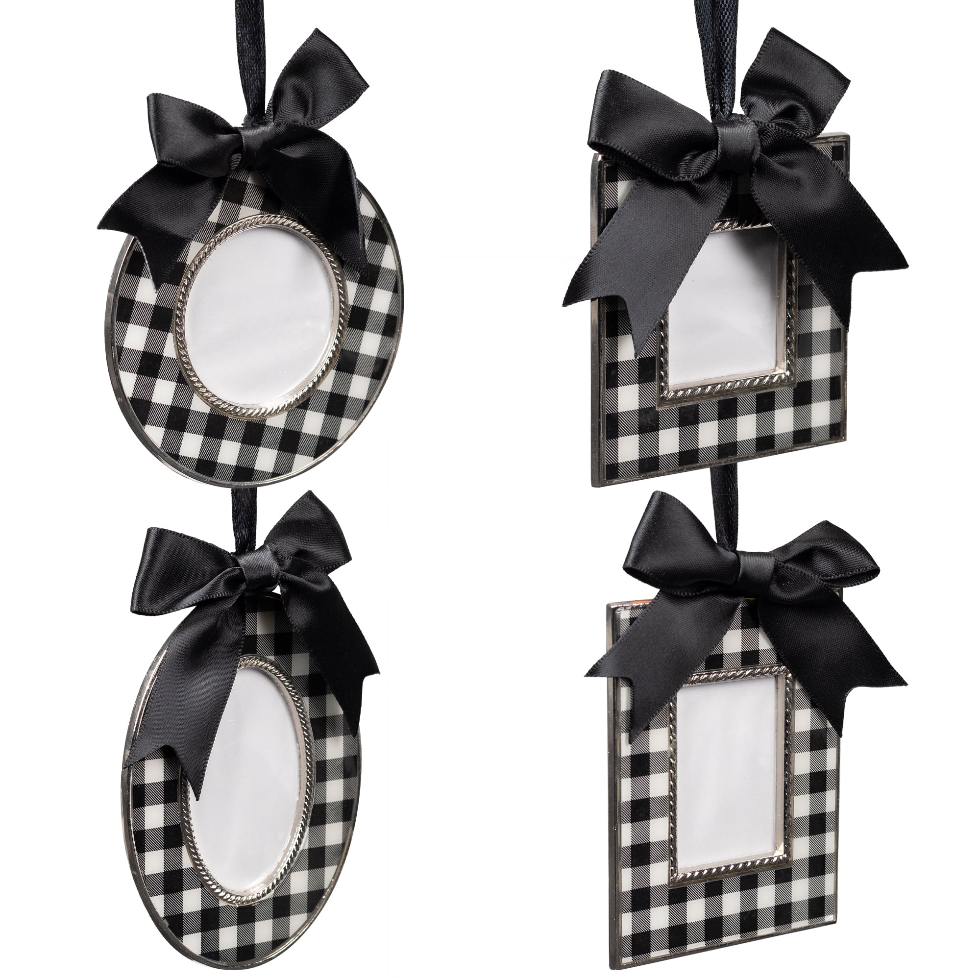 Buffalo Plaid Photo Frame Christmas Ornaments with Bows - 3.5" - Set of 4