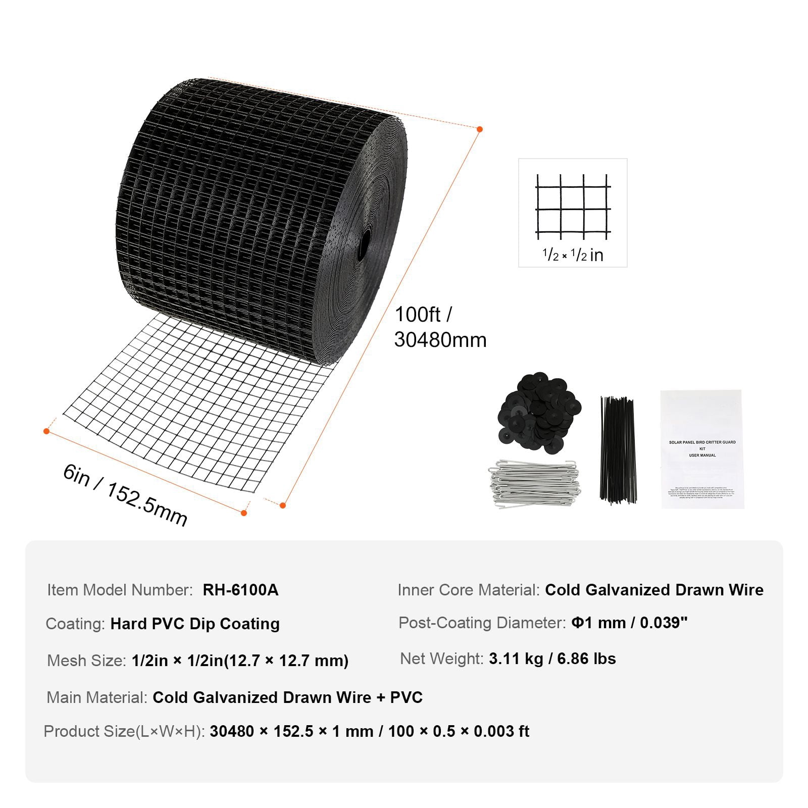 Solar Panel Bird Guard, Critter Guard Roll Kit with 60pcs Aluminum Alloy Fasteners, Solar Panel Guard with Rust-proof PVC Coating, 1/2 inch Wire Roll Mesh, 6 inch x 100ft