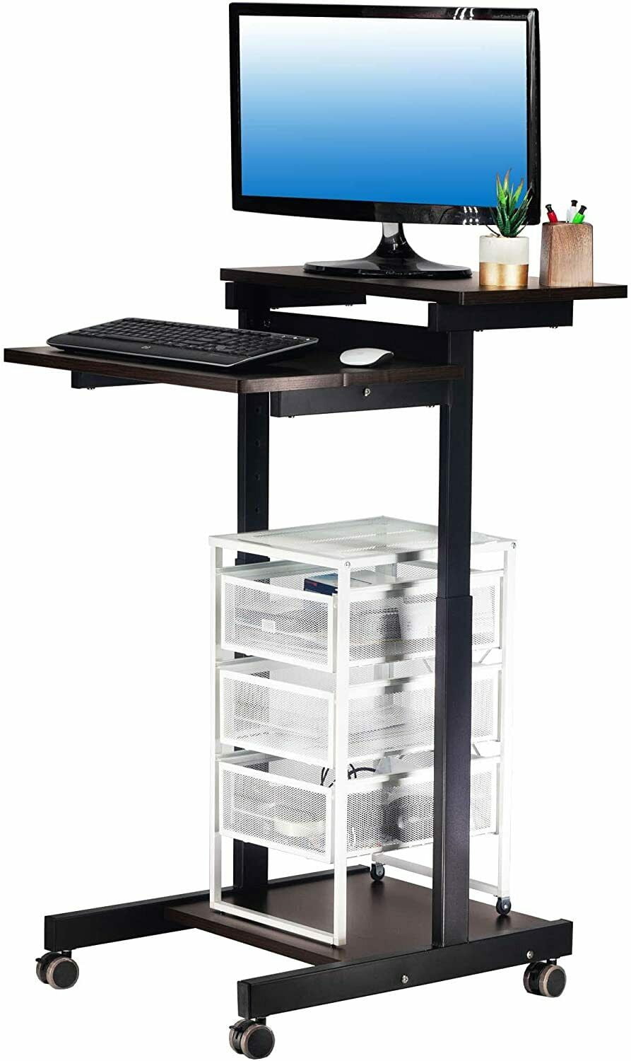 POCHAR Height Adjustable Computer Station Mobile Computer Desk - Two Tier Rolling Computer Cart - Black Frame with Espresso Top (21.6'' Wide)