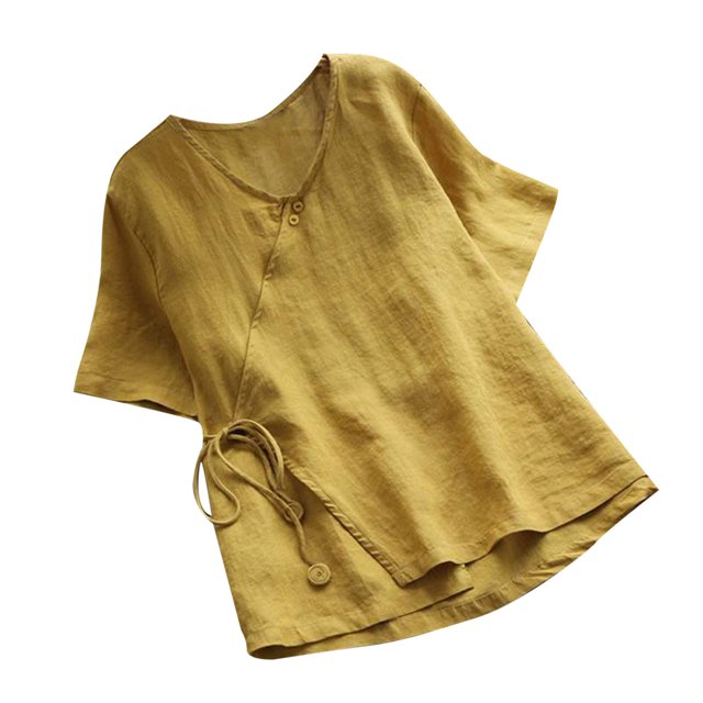 Mujeres verano moda casual suelta lino sólido manga corta cuello pico botón vendaje tops blusa Fridja bn4850