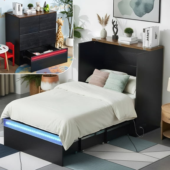Zimtown Twin Size Murphy Bed with Storage Drawer Chest, Folding Bed Frame Foldable Cabinet with Charging Station, Black