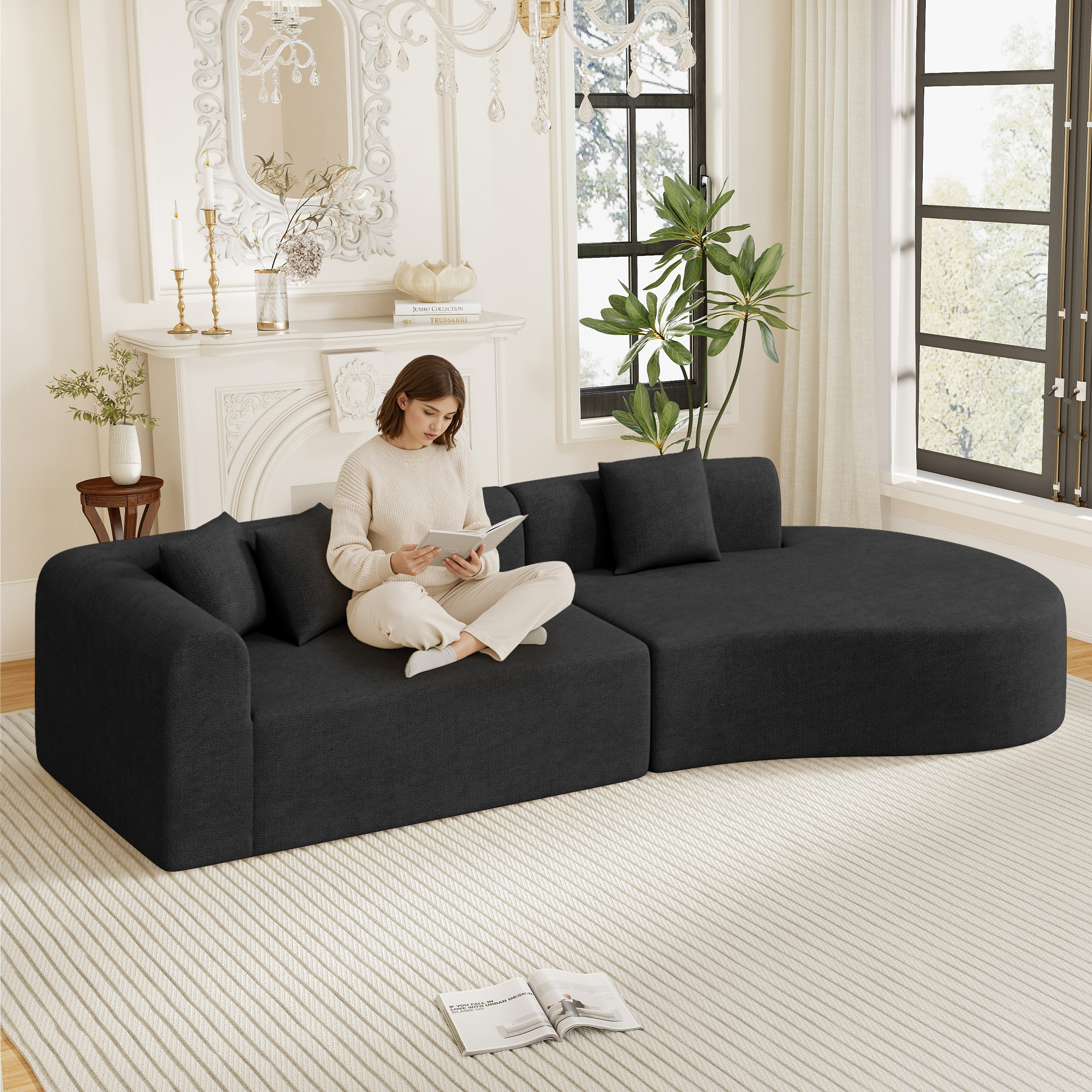 Hawsaiy 126" Oversized Modular Sectional Sofa, Modern Deep Seat Curved Cloud Couch, Soft Chenille Upholstered Sofa for Living Room, Black, No Assembly