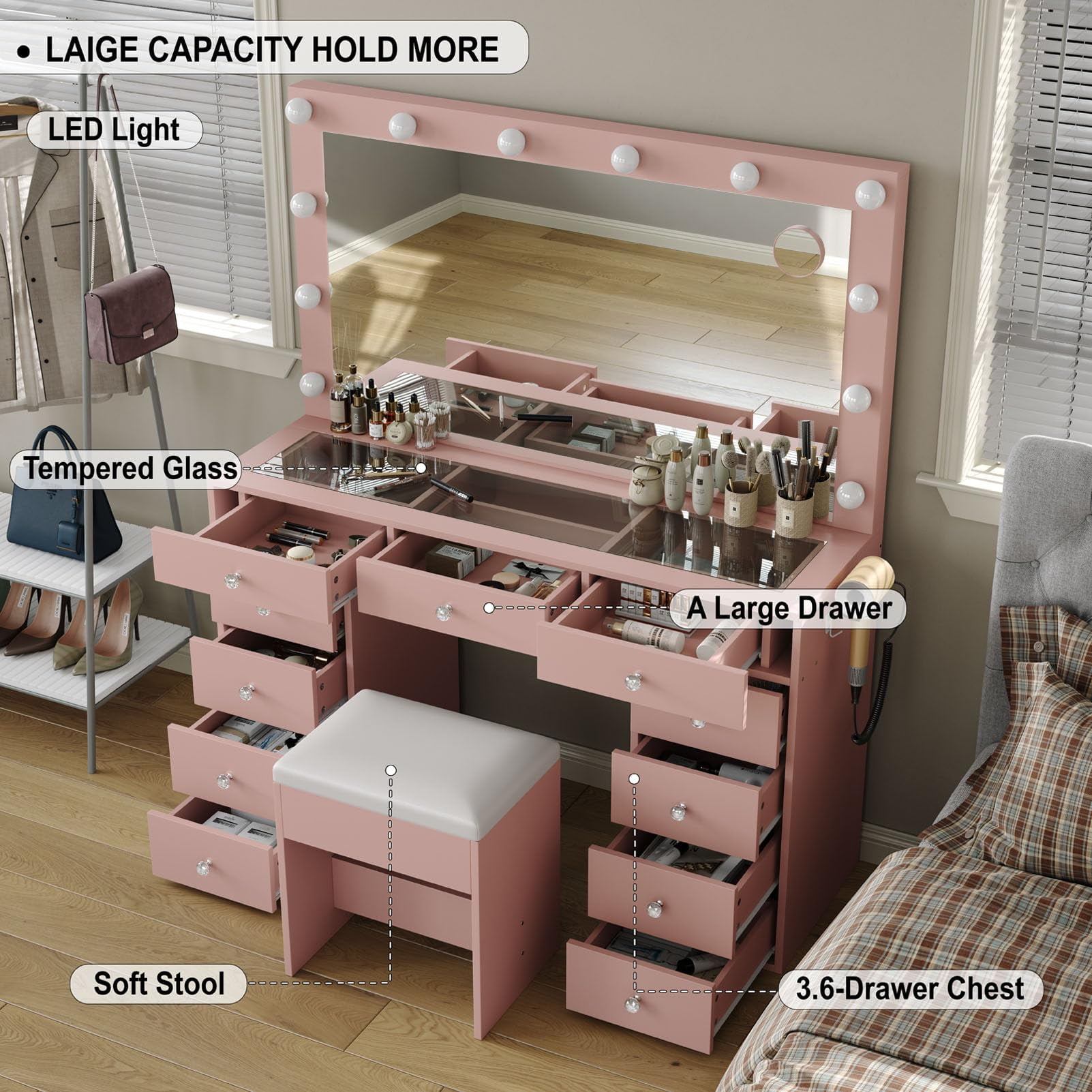 Pink Vanity Desk with Illuminated Mirror & Power Outlet, 11 Drawers Vanity Table with Chair, Makeup Vanity with 12 LED Lights, Tempered Glass Top, Dressing Table for Bedroom,Dressing Room